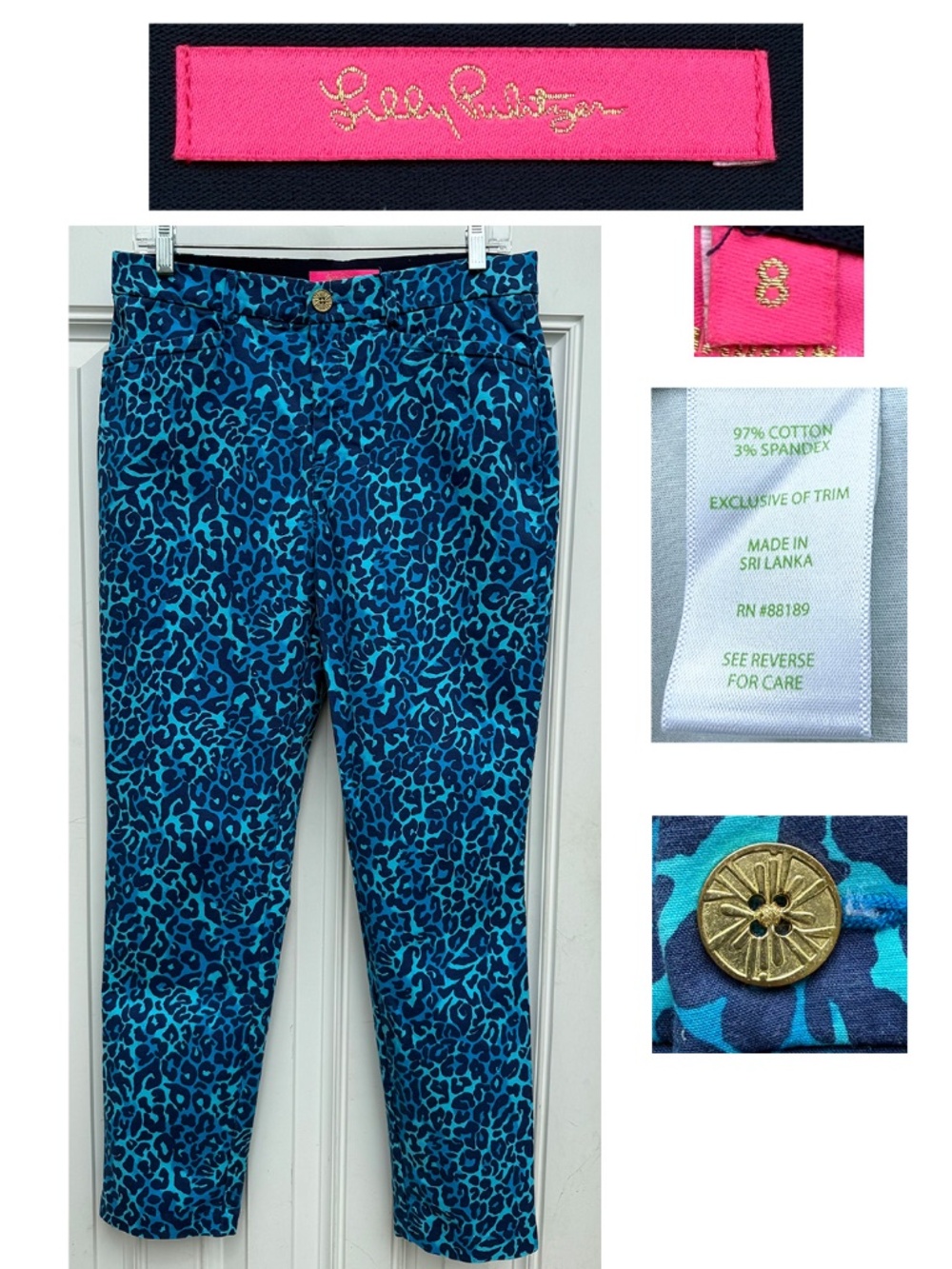 Lilly Pulitzer Size 8 Kelly Pants "Oyster Bay Navy My Favorite Spot" Mid Rise